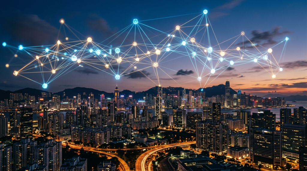 City skyline at dusk with digital network connections floating above buildings