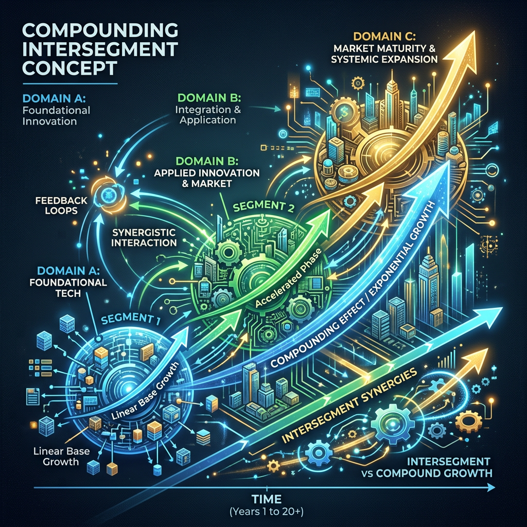 Diagram showing compounding intersegment growth with foundational tech, applied innovation, market maturity, and feedback loops over time